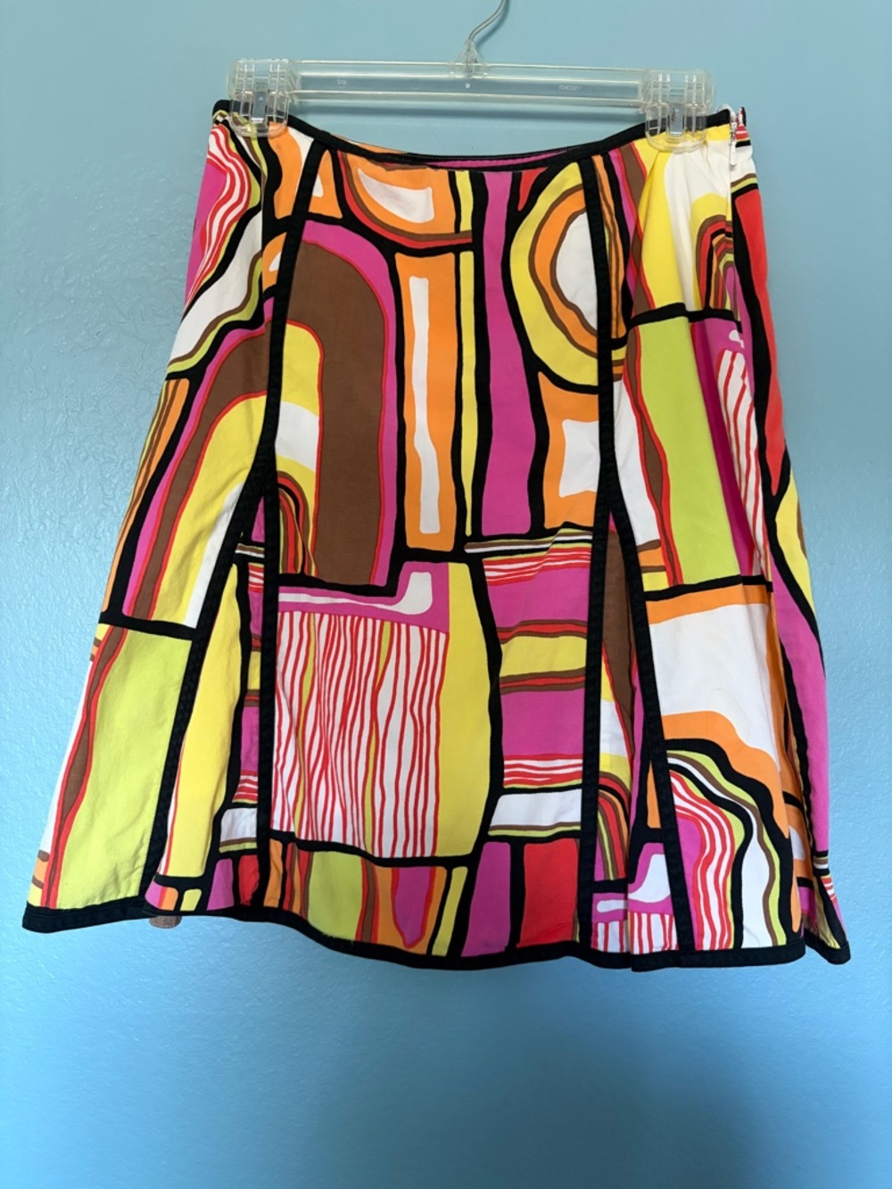 Bold Geometric Circle-Skater Skirt in Pink & Yellow